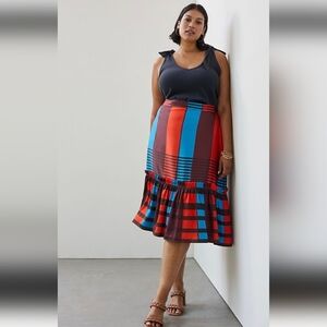 Anthropologie Plus Eva Franco Burgundy Red Blue Satin Ruffle Midi Skirt 26W